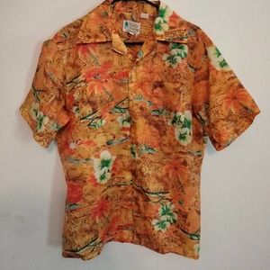 Vintage Waikiki Holiday Orange Hawaiian Print Button Camp Shirt Mens L